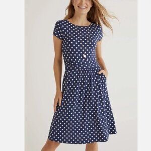 Boden Abigail Navy and White Polka Dot Midi Dress, size 8